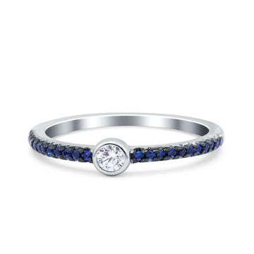 Petite Dainty Wedding Band Ring Blue Sapphire Round Simulated Cubic Zirconia 925 Sterling Silver
